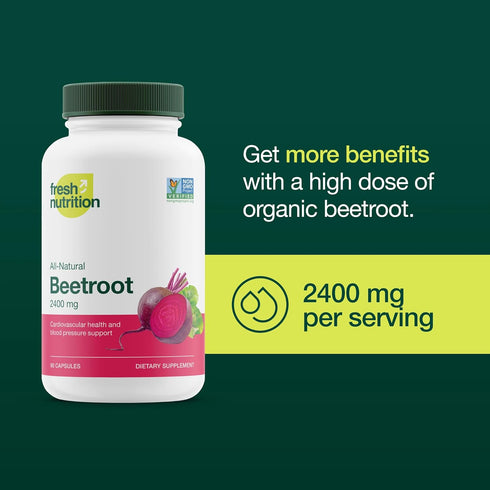 Fresh Nutrition Organic Beet Root Capsules - 2400mg Antioxidant Support, Vegan, Non-GMO, Gluten-Free