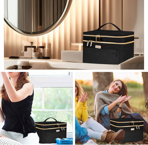 8.8L Double Layer Travel Makeup Bag, Large Cosmetic Case for Travel-Size Accessories, Brushes, and Skin Care - Black