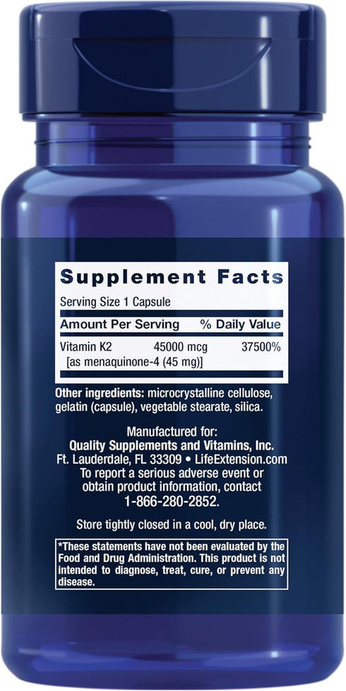 Life Extension Mega Vitamin K2 High Potency for Strong Bones – Daily Vitamin K2 Supplement for Healthy Bone Density Support & Heart Health – Non-GMO, Gluten-Free – 30 Capsules