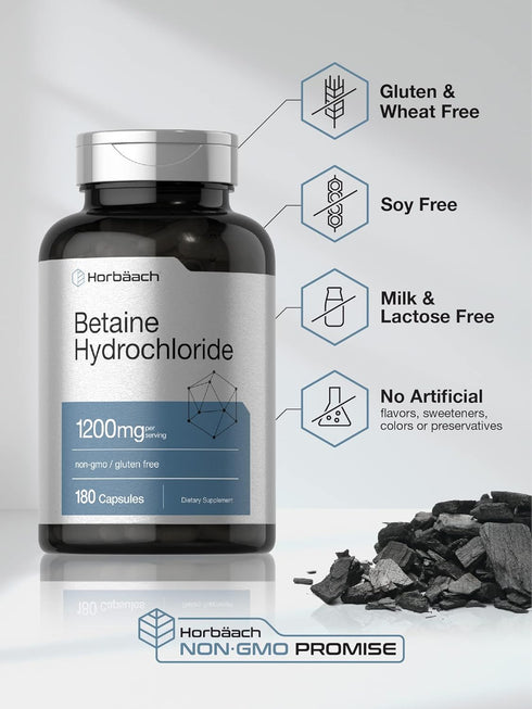 Horbaach Betaine HCl 1200mg | 180 Capsules | Non-GMO, Gluten Free Betaine Hydrochloride Supplement