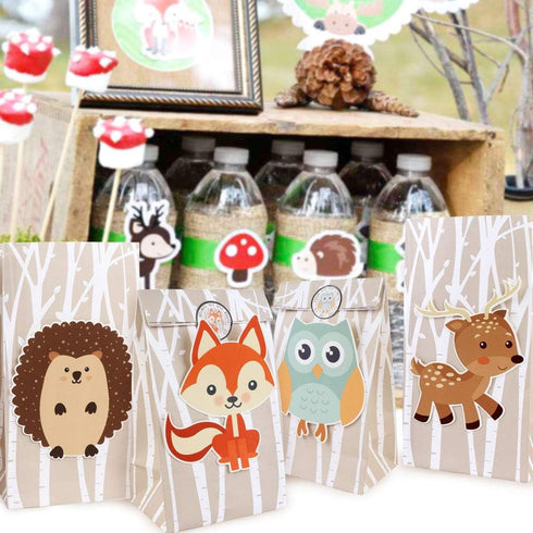 OurWarm 24pcs Woodland Party Favor Bags, 3D Animals Candy Treat Gift Bags with Thank You Stickers for Kids Birthday