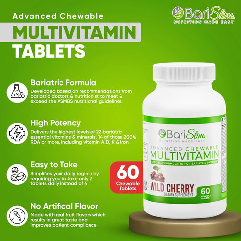 BariSlim Advanced Chewable Bariatric Multivitamin Tablets - Wild Cherry, 60 Count, Post Bariatric Surgery Supplement