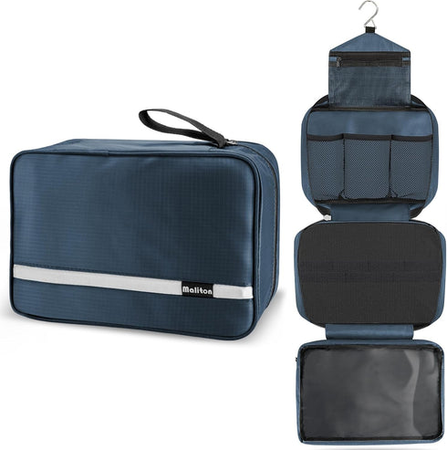 Maliton Large Toiletry Bag for Men & Women, Waterproof Hanging Hygiene Bag with 4 Compartments (Navy Blue)
