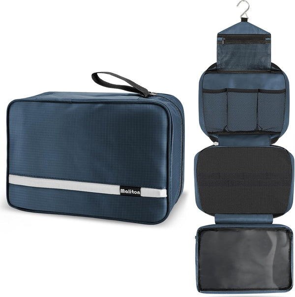 Maliton Large Toiletry Bag for Men & Women, Waterproof Hanging Hygiene Bag with 4 Compartments (Navy Blue)