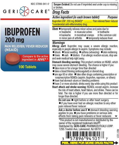 GeriCare Ibuprofen 200mg - Pain Reliever, Fever Reducer, 100 Count (Pack of 1)
