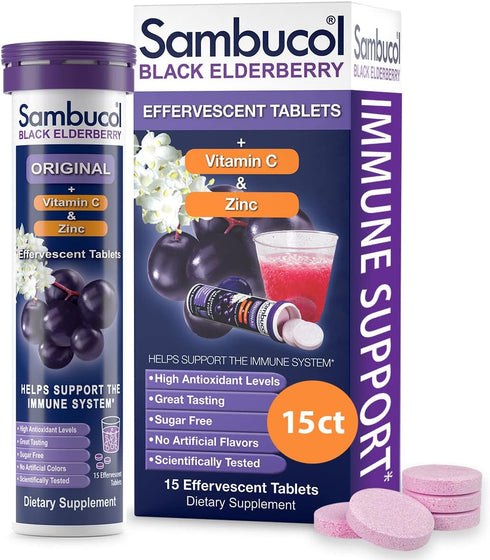 Sambucol Black Elderberry Effervescent Tablets with Zinc and Vitamin C, 15 Count for Adults