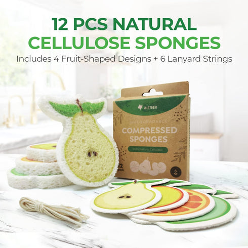 Biodegradable Cellulose Compressed Sponges - Pack of 12 Fruit Shaped Kitchen Sponges for Cleaning - Heavy Duty and Natural Household Cleaning Sponges Good for Kitchen, Bathroom, and Surfaces
