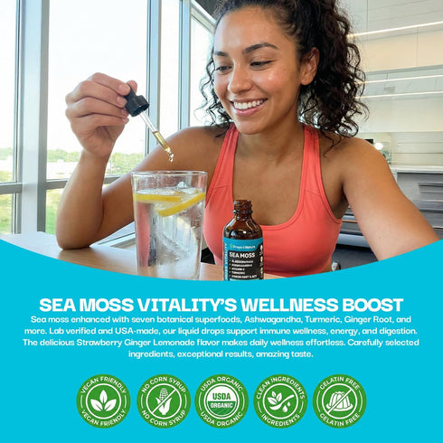 Immunity 60mL) Ashwagandha & Turmeric Liquid Drops - Vitamin C, Sea Moss, Apple Cider Vinegar, Bladderwrack - Vegan