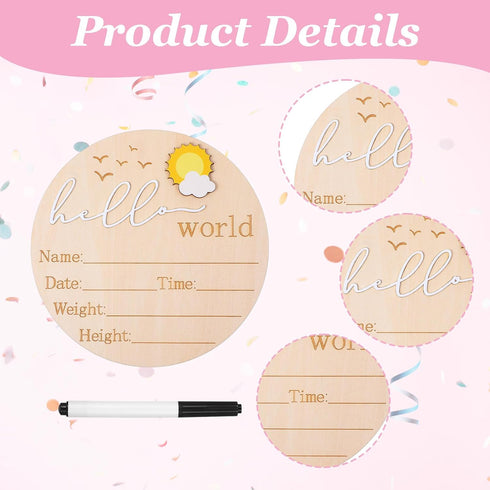 TIESOME 5.9'' Wooden Baby Announcement Sign, Hello World Newborn Announcement Sign, Lovely Babies Name Plaques Birth