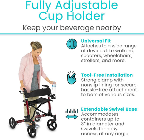 Vive Cup Holder for Walker, Wheelchair, Accessories, Stroller, Adults, Bike, Boat, Desk, Mobility Scooter, Rollator
