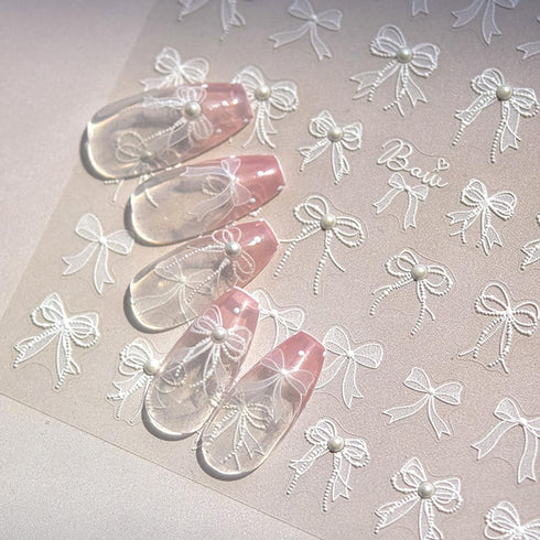 5D Embossed White Lace Bowknot Nail Art Stickers, Pearl Bow Nail Decals for Retro Nail Art Supplies