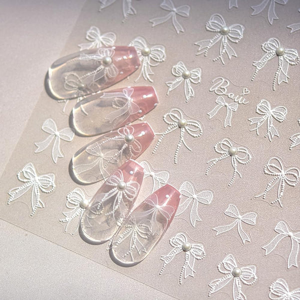 5D Embossed White Lace Bowknot Nail Art Stickers, Pearl Bow Nail Decals for Retro Nail Art Supplies