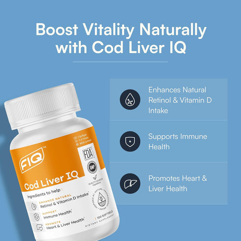 FIQ Cod Liver IQ, Cod Liver Oil Softgels, Natural Source of Vitamins A & D, 100 Softgels