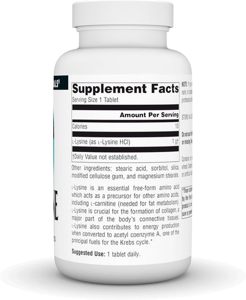 Source Naturals L-Lysine Free Form, 1,000 mg Amino Acid Supplement, 100 Tablets