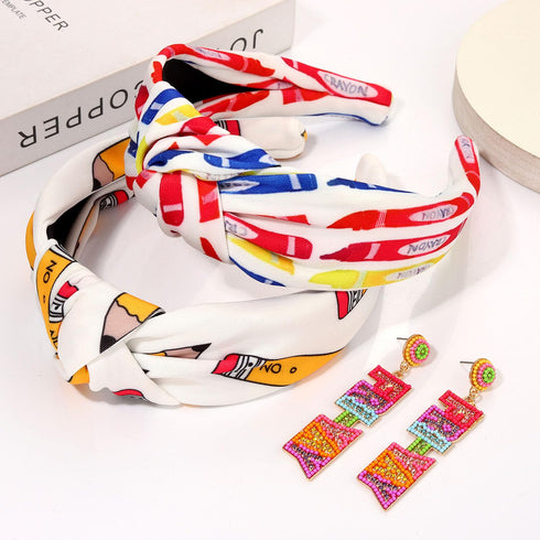 Teacher Headbands for Women, Pencil Printed Wide Knotted Headbands, Teacher Appreciation Gifts, Back To School Hair Accessory Gifts (Pattern A)
