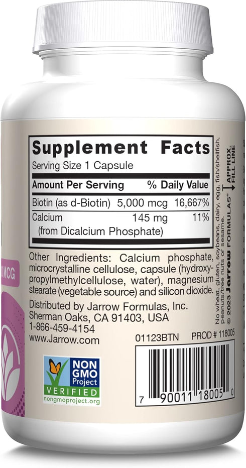 Jarrow Formulas Biotin Ultra Strength 5000 mcg, Hair, Skin, Nails Support, 100 Veggie Capsules