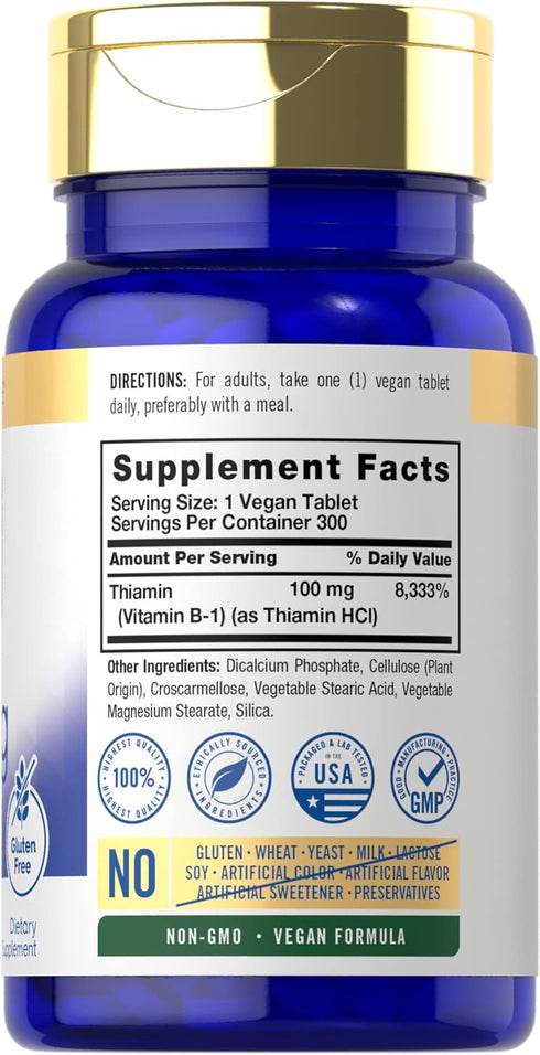 Carlyle Vitamin B-1 | 100mg | 300 Tablets | Non-GMO and Gluten Free Thiamin Supplement