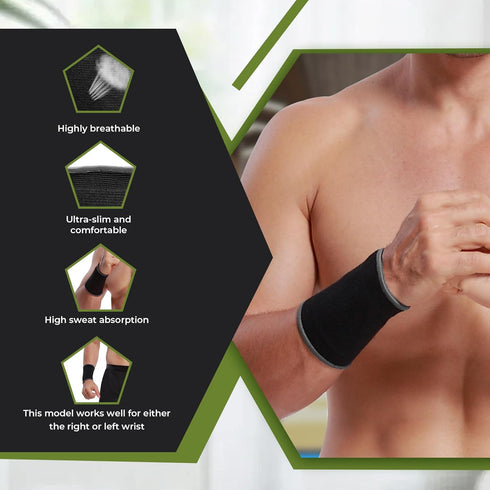 NeoTech Care Wrist Band Support Sleeve - Elastic Compression Brace for Tennis, Gym, Sport, Tendonitis (Black Color,