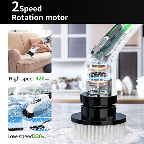 IPX7 8 Cordless Electric Spin Scrubber - Waterproof, LCD Display, Brush Heads, Adjustable Extension Handle, for Shower