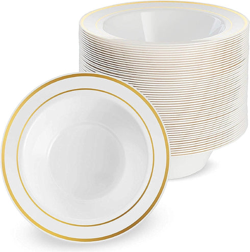 MATANA 25 Pack Plastic Bowls for Parties in White with Gold Rims, 7.5" Inch (12oz) Reusable for Events and Picnics