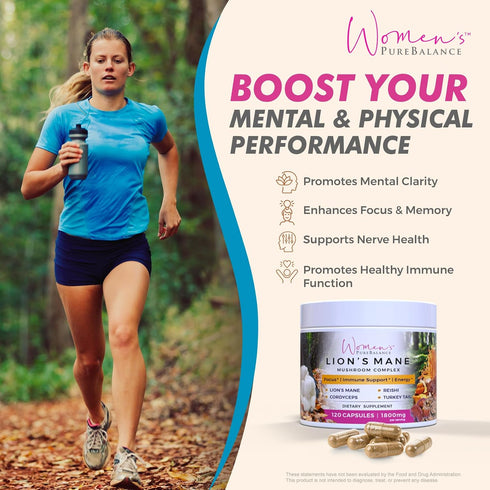 Immune (120 Women's PureBalance Lion's Mane Mushroom Supplement Capsules with Reishi, Cordyceps, Turkey Tail Brain