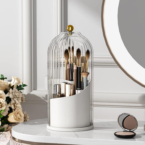 Makeup Brush Holder Organizer with Lid, 360 Rotating Clear Dustproof Organizer for Vanity Desktop Bathroom Countertop
