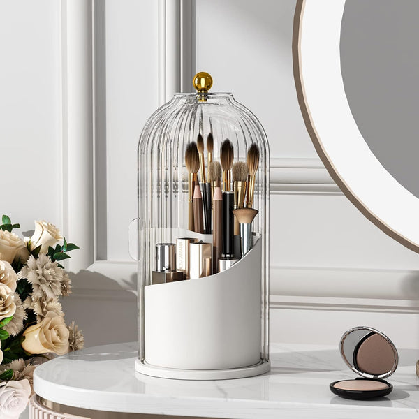 Makeup Brush Holder Organizer with Lid, 360 Rotating Clear Dustproof Organizer for Vanity Desktop Bathroom Countertop