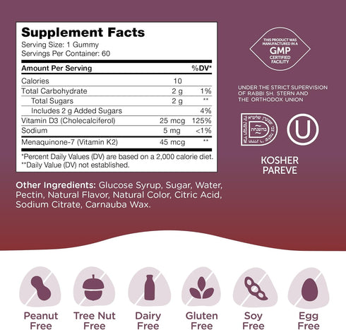 Zahler Chapter One Vitamin D3 K2 Gummies, 1000IU of Vitamin D3 & 45MCG of Vitamin K2, Kosher, 60 Gummies