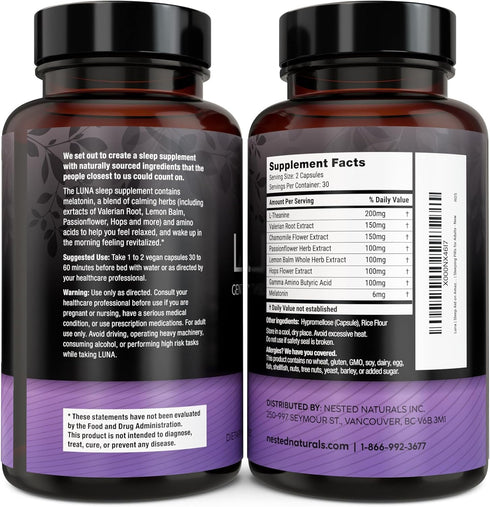 Luna Sleep Aid, Non-Habit Forming Natural Sleep Aid with Valerian Root, Melatonin, 60 Vegan Capsules