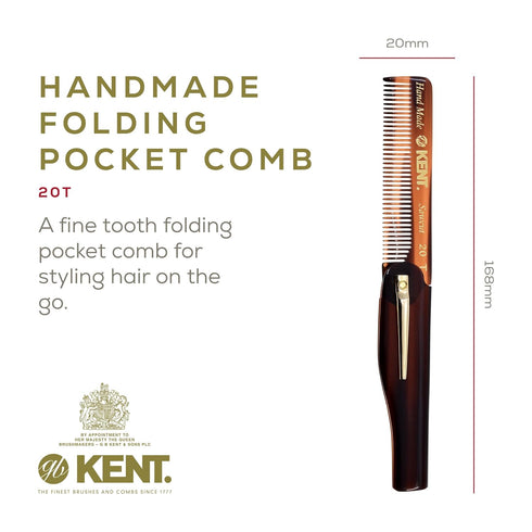 Kent 20T Handmade Fine Tooth Tortoiseshell Folding Comb + Hand Made Pocket Comb for Beard and Mustache - Beard Growth/Fine Tooth Comb - Beard Straightener for Men and Beard Grooming Kit