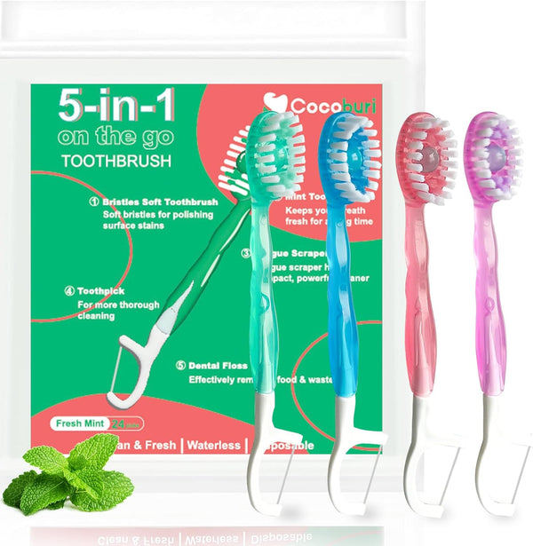 5 in 1 Disposable Mini Toothbrushes, Portable Travel Toothbrush, 24 Packs, Prepasted Oral Care Mint