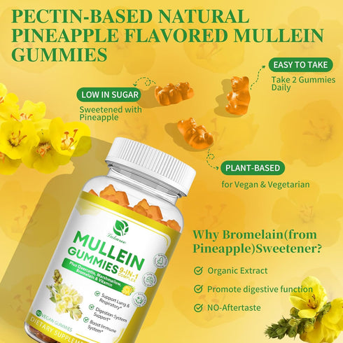 (2 Pack) 9 in 1 Mullein Gummies for Lung Cleanse, Extra Strength 10000MG Mullein Leaf Extract with Quercetin - 120 Ct