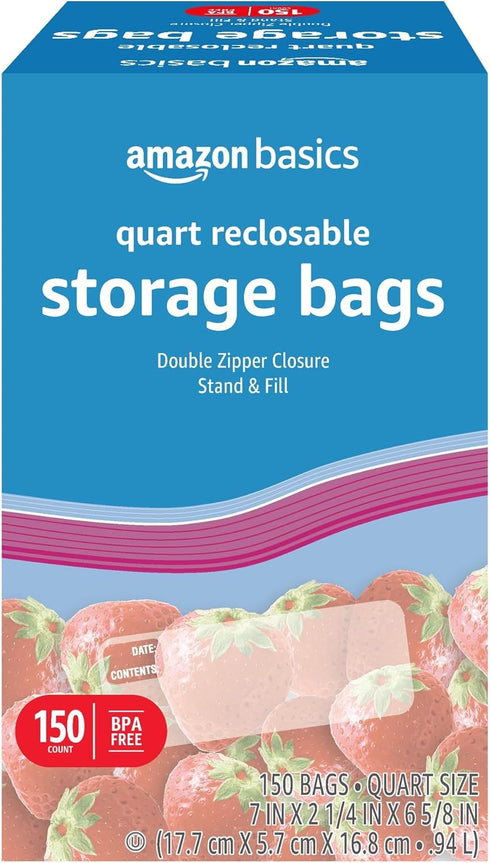 Amazon Basics Quart Food Storage Bags, Stand & Fill, 150 Count Pack