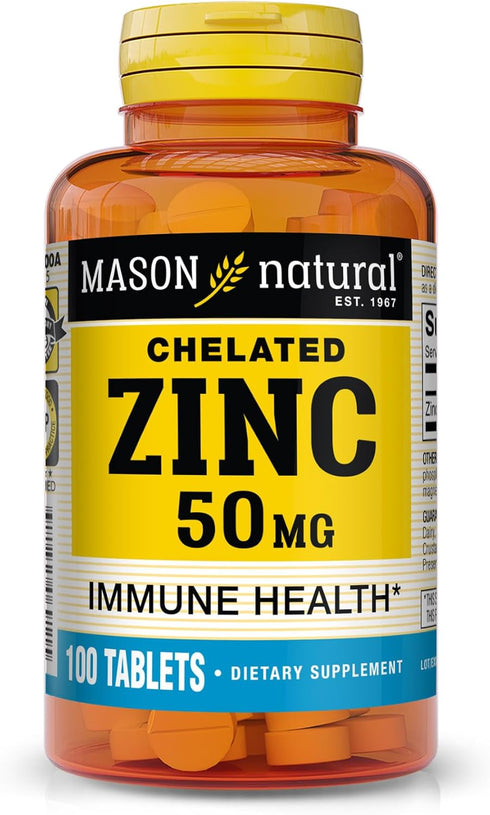Mason Natural Zinc 50 mg - 100 Tablets, Supports Antioxidant Health, Aids B Vitamin Absorption, Immune Function