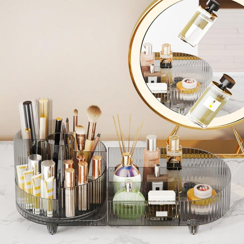 Rotating Makeup Organizer for Vanity - Large Spinning Cosmetic Storage with Brush Holder for Makeup, Skincare, Perfume