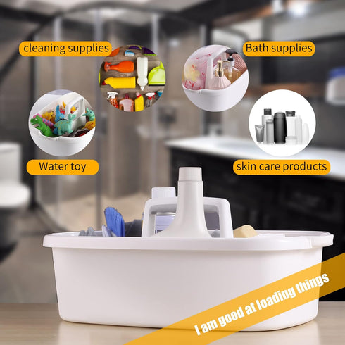 Cleaning Supply Caddy - Divided Tote Basket Bin with Handle for Bathroom, Kitchen, Garden, 2 Pack, White
