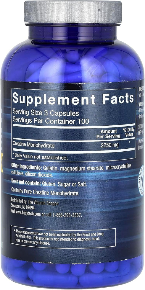 BodyTech 100% Pure Creatine Monohydrate, 2250 MG, 100 Servings (300 Capsules)