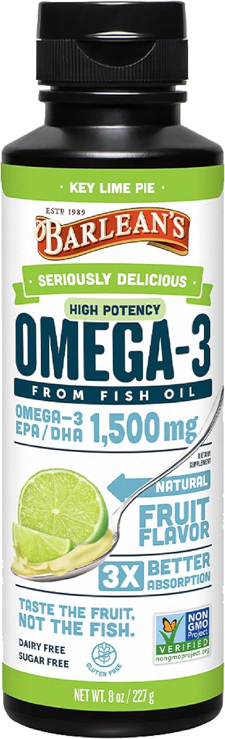Barlean's Key Lime Pie High Potency Omega 3 Fish Oil Liquid Supplement, 1500mg of EPA & DHA Fatty Acid, 8 oz