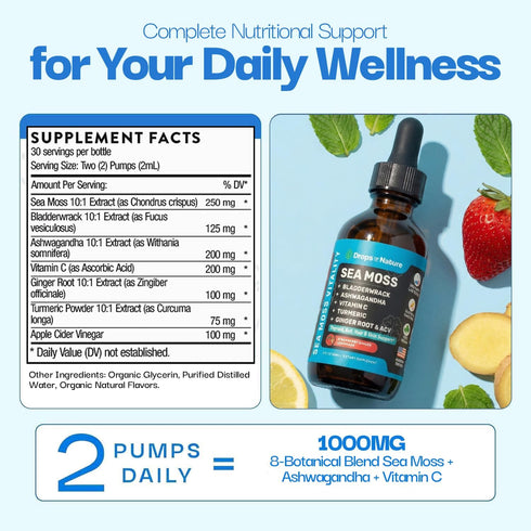 Immunity 60mL) Ashwagandha & Turmeric Liquid Drops - Vitamin C, Sea Moss, Apple Cider Vinegar, Bladderwrack - Vegan