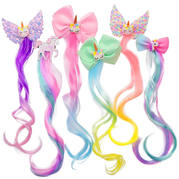 Ideal Swan 6 Set Unicorn Hair Extensions Clip - Colorful Curly Hair Clips for Girls and Kids