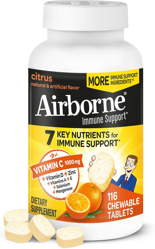 Airborne Vitamin C 1000mg (per Serving) - Citrus Chewable Tablets (116 Count), Gluten-Free Immune Support Supplement