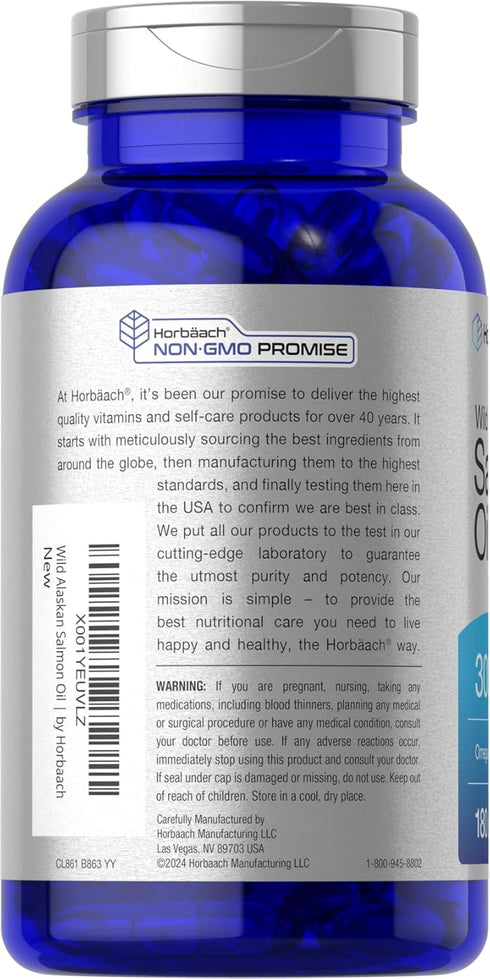 Horbaeach Wild Alaskan Salmon Fish Oil, 180 Softgel Capsules, Gluten Free, High Potency Omega-3 EPA and DHA