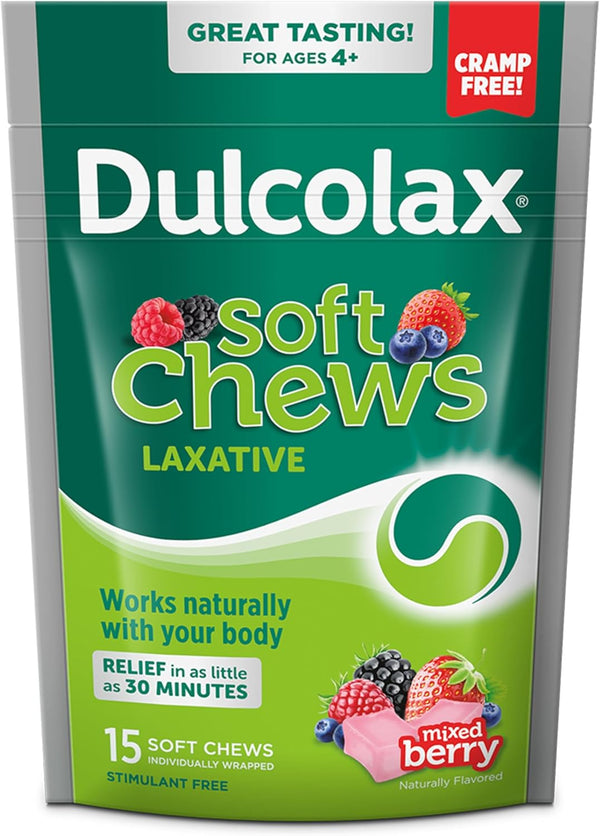 Dulcolax Saline Laxative Soft Chews, Gentle Constipation Relief, Mixed Berry Flavor, 1200 mg, 15 Count