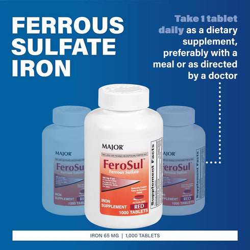 Major Ferosul Ferrous Sulfate 325mg Tablets, 100 Tablets, Iron Supplement for Women and Men