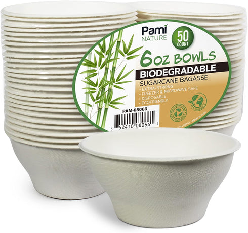 PAMI Biodegradable Sugarcane Bowls, 50 Pack - 6oz Compostable Microwavable Paper Bowls for Hot & Cold Uses