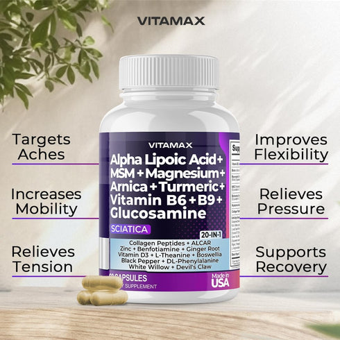 Sciatica Nerve Health Support Supplement Capsules with Folic Acid, Glucosamine, MSM & Vitamin B Complex (60 Count)