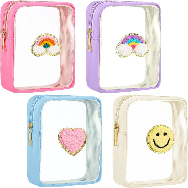 4 Pcs Preppy Patch Makeup Bag - Cute Chenille Letter Pouch, Cosmetic Cases, Toiletry Bag with Zipper for Travel