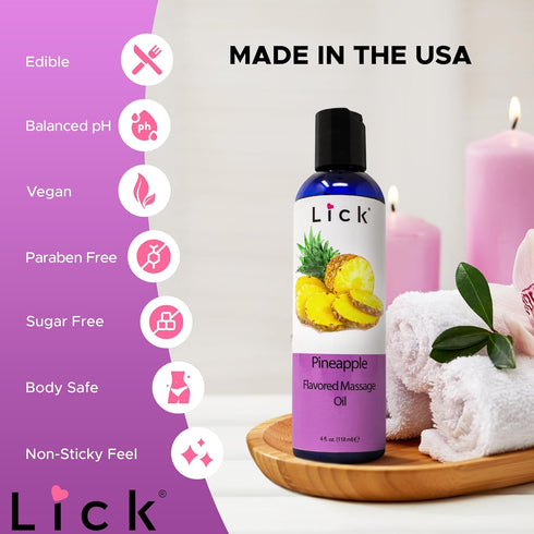 Lick Pineapple Flavored Massage Oil, Romantic Body Safe Non-Greasy Formula, 4 oz