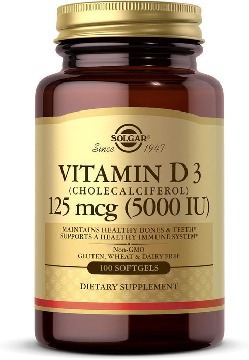 Solgar Vitamin D3 (Cholecalciferol) 125 mcg (5000 IU) - 100 Softgels, Non-GMO, Gluten Free, Immune System Support