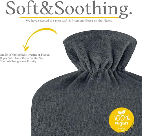 Qomfor 2L Hot Water Bottle - with Soft Premium Fleece Cover - Dark Gray, - Heating Pad for Menstrual Cramps & Period
